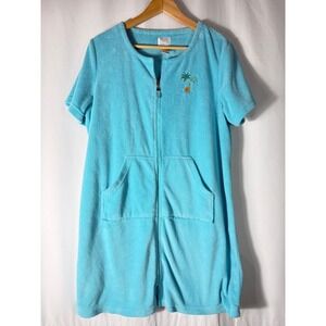 Jasmine Rose Intimates Turquoise Terry Cloth Zip Up Robe Palm Tree Embroidery M